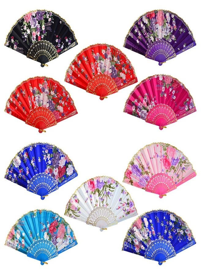 Tayfremn 10pcs Floral Folding Hand Fan Flower Pattern Gold Side Lace Handheld Folding Fans Women Hand Folding Fans Vintage Retro Style Folding Fan - Image 1