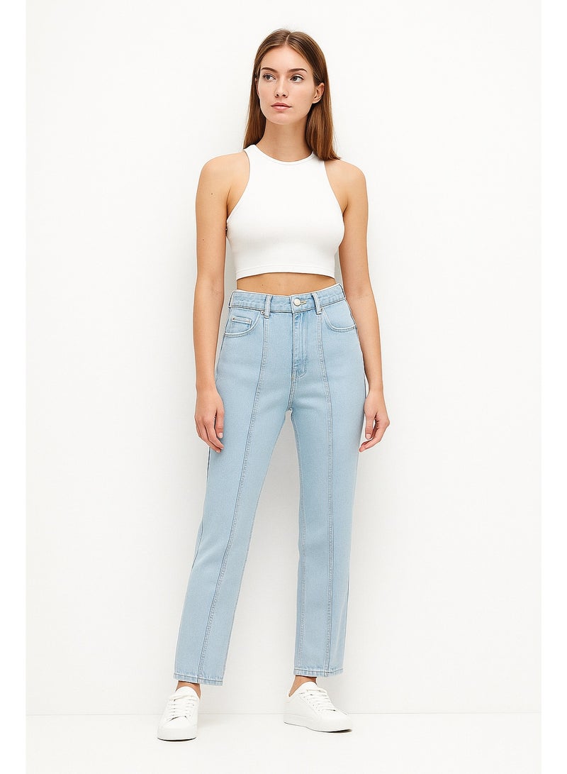 CHEVALIER FASHION Women’s Straight-Leg Denim Jeans with Front Stitch Detail – Light Blue - Image 1