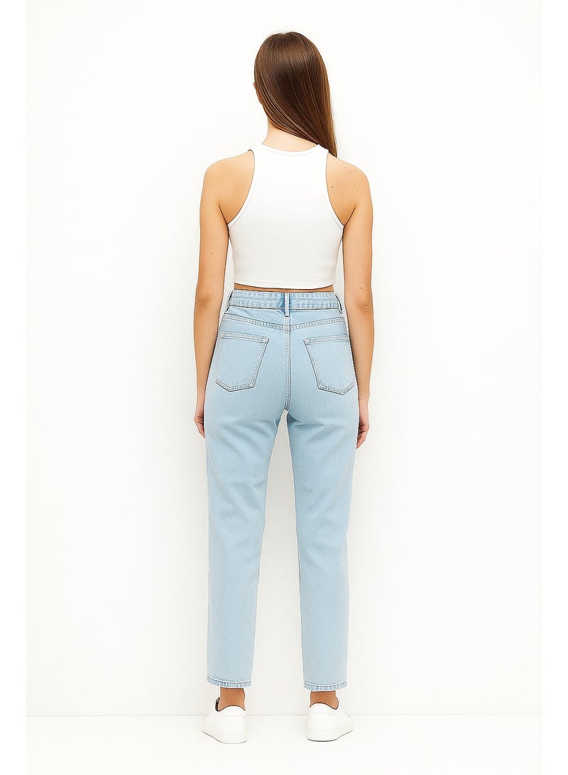 CHEVALIER FASHION Women’s Straight-Leg Denim Jeans with Front Stitch Detail – Light Blue - Image 2