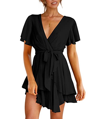 Cosonsen Womens Cocktail Dress Short Sleeve Deep V-Neck Tie Waist Skater Dress Black L - Image 1