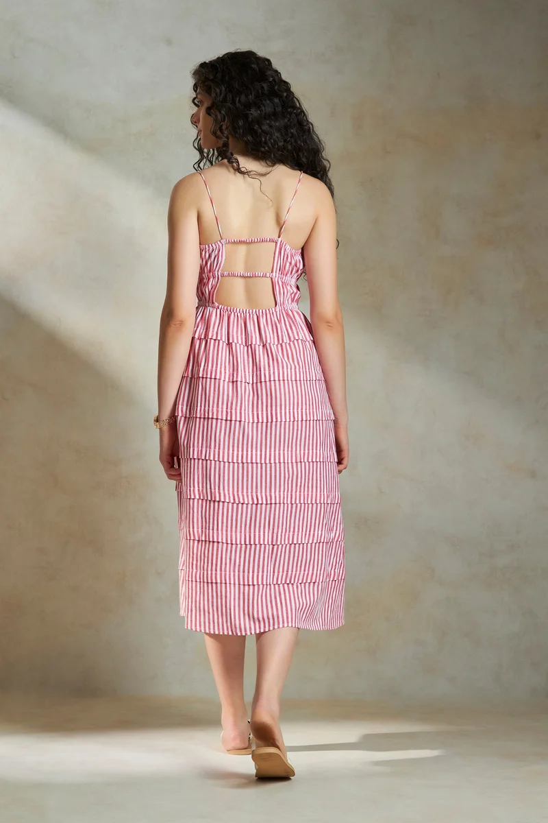Virgio Virgio Striped Shoulder strap Tied neck Layered Midi Dress