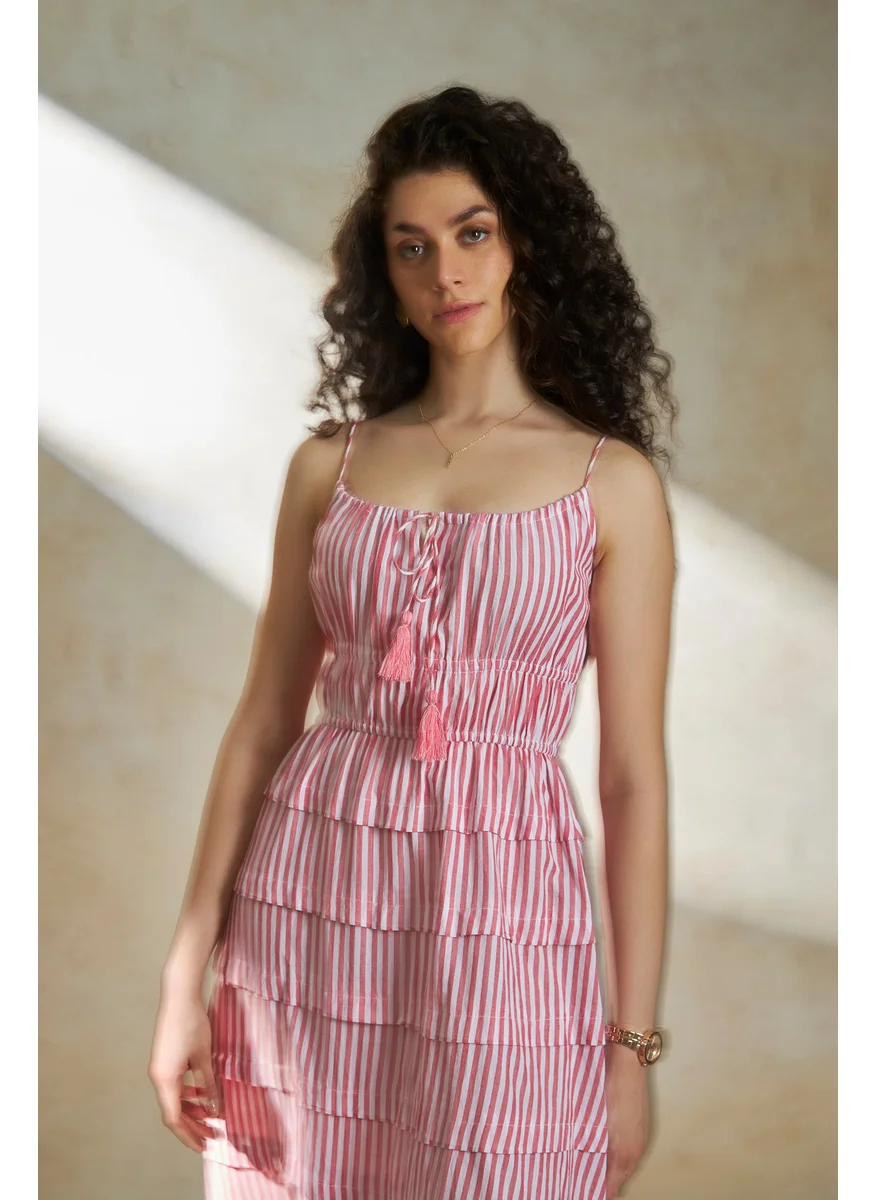 Virgio Virgio Striped Shoulder strap Tied neck Layered Midi Dress