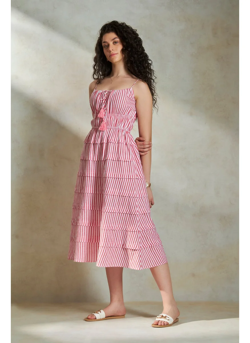Virgio Virgio Striped Shoulder strap Tied neck Layered Midi Dress