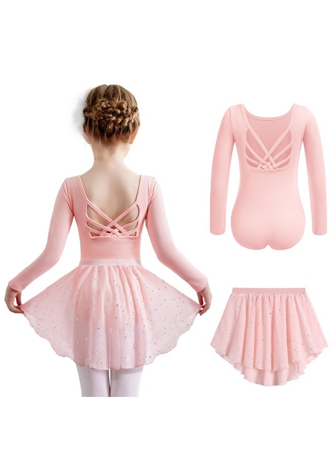 NajmStyle Girls Ballet Leotards Toddler Long Sleeve Crisscross Back Dance Dress Outfit with Removable Shiny Skirt Combo - Image 1