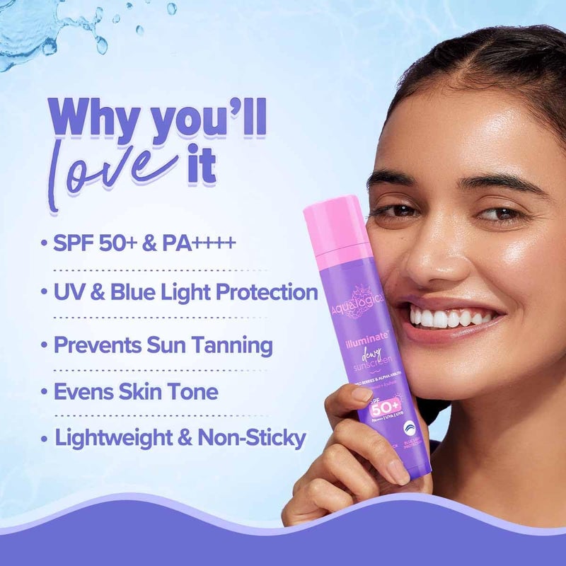 Aqualogica lluminate+ Dewy All Skin Type Sunscreen Spf 50+ Pa++++ With Wild BerriesAndAlpha Arbutin - 50 G Protection Against Uva/BAndBlue Light Protection Fragrance-Free For LuminousAndSun Protected Skin - Image 3