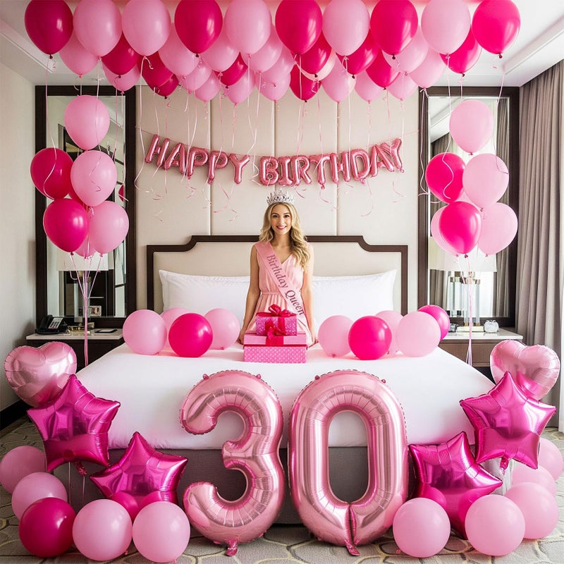 yeewaka 30th Birthday Party Decorations for Her 30 Sash and Tiara happybirthday letter 30 Number Balloons Hot pink and pink balloons Star heart balloons 30th Birthday Gifts for Her - Image 1