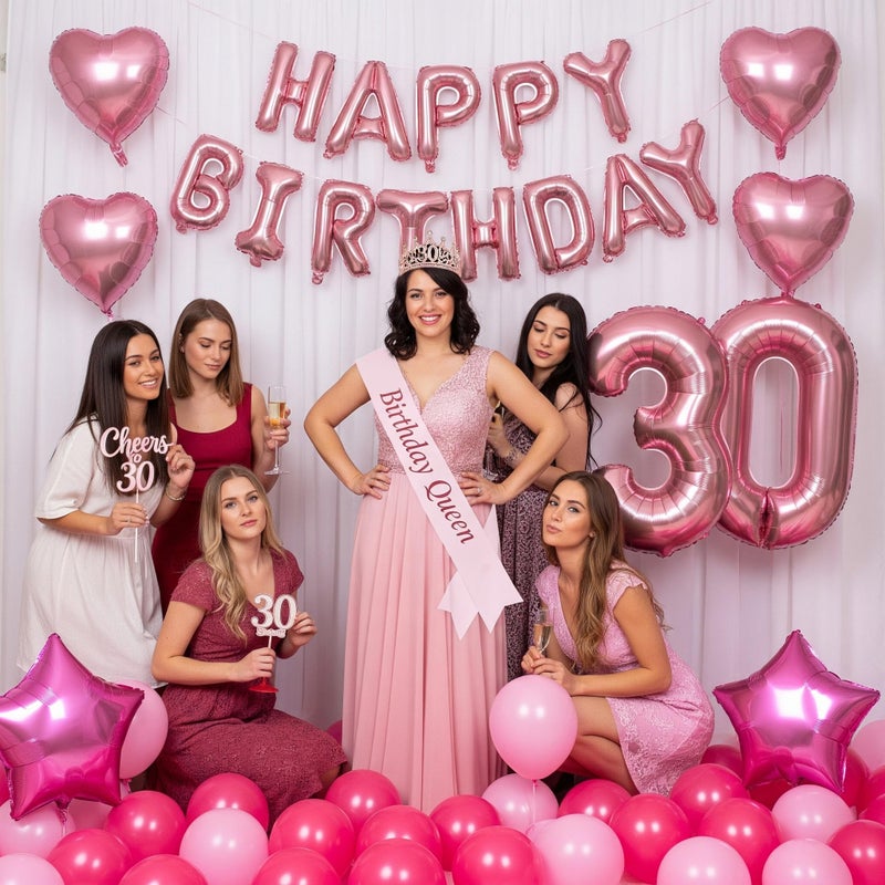 yeewaka 30th Birthday Party Decorations for Her 30 Sash and Tiara happybirthday letter 30 Number Balloons Hot pink and pink balloons Star heart balloons 30th Birthday Gifts for Her - Image 2