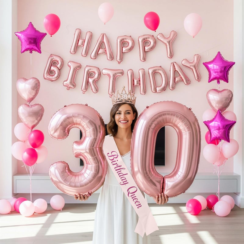 yeewaka 30th Birthday Party Decorations for Her 30 Sash and Tiara happybirthday letter 30 Number Balloons Hot pink and pink balloons Star heart balloons 30th Birthday Gifts for Her - Image 3