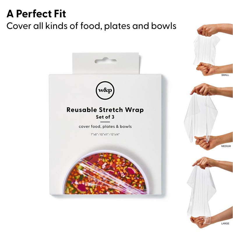 WP W&P Reusable Silicone Stretch Wrap, 1 Box with 3 Wraps (7x8, 10x11, 13x14), Oven, Dishwasher, Microwave & Freezer Safe, BPA Free - Image 3
