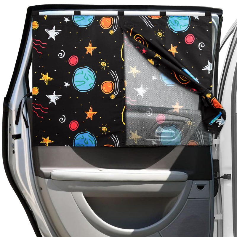 VVAYHUA Car Window Shades, 2 Packs Magnetic Car Sun Shades for Baby, 2 Layers for Blackout/See Through Options Colorful Starry Pattern Side Window Curtain for Kids Heat/UV Blocker - Image 1