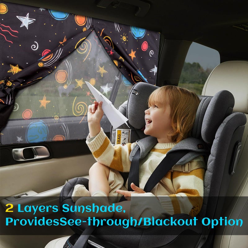 VVAYHUA Car Window Shades, 2 Packs Magnetic Car Sun Shades for Baby, 2 Layers for Blackout/See Through Options Colorful Starry Pattern Side Window Curtain for Kids Heat/UV Blocker - Image 3