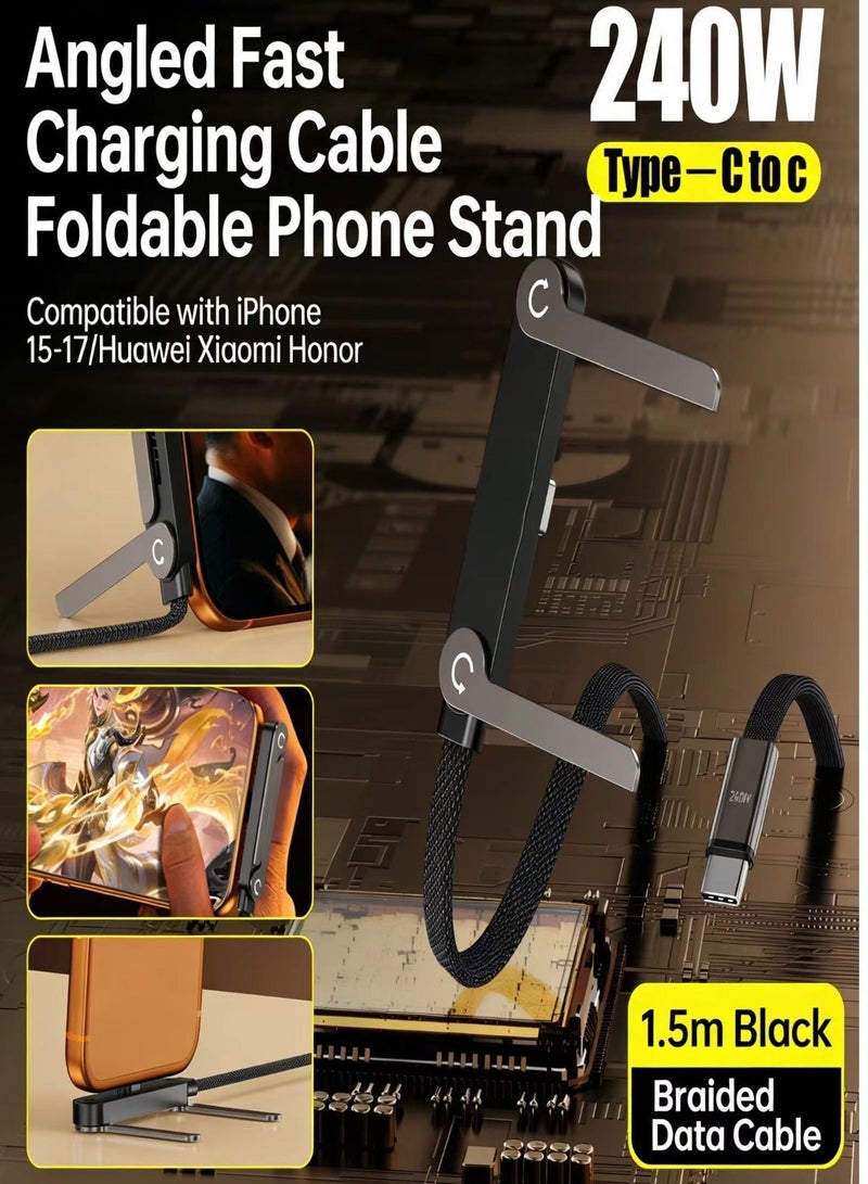 لوييناو كابل شحن سريع 240 واط PD مع حامل مدمج، كابل شحن USB C بزاوية قائمة، حامل غير مرئي للعبة، متوافق مع آيفون وسامسونج (أسود) - Image 3