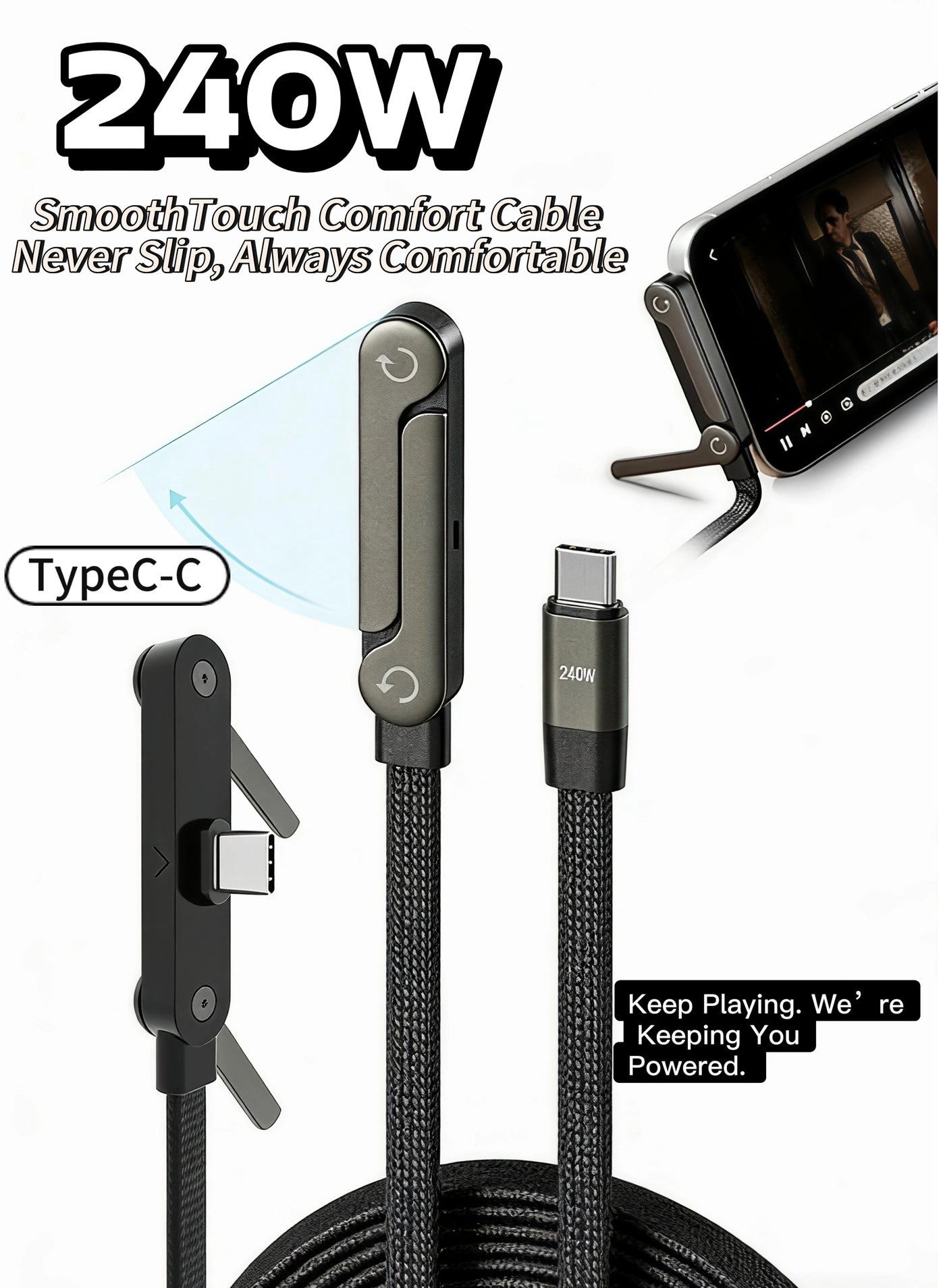 LUIENAO 240W PD Fast Charging Cable with Built-in Stand, Right Angle USB C Charger Cord, Invisible Holder Gaming Charging Cable for iPhone Samsung (Black)
