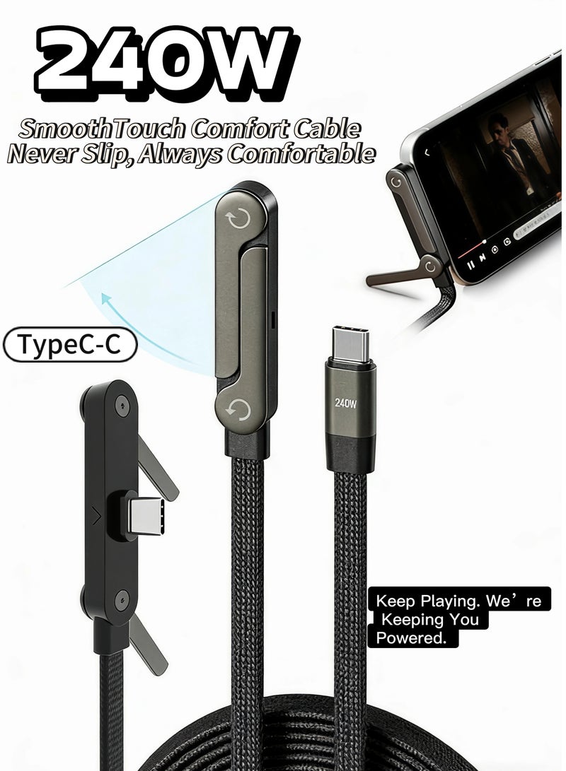 لوييناو كابل شحن سريع 240 واط PD مع حامل مدمج، كابل شحن USB C بزاوية قائمة، حامل غير مرئي للعبة، متوافق مع آيفون وسامسونج (أسود) - Image 1