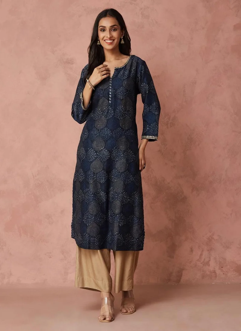 Fabindia Indigo Cotton Silk  Printed Long Kurta