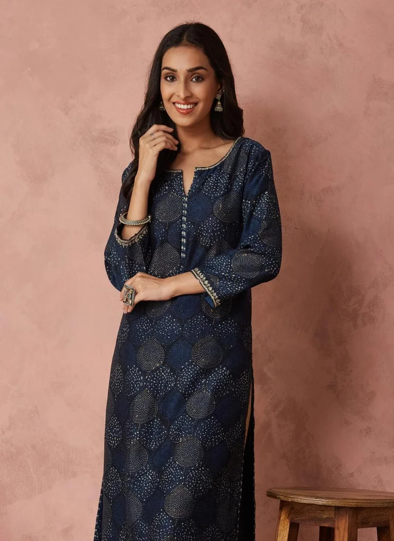 فاب انديا Indigo Cotton Silk  Printed Long Kurta