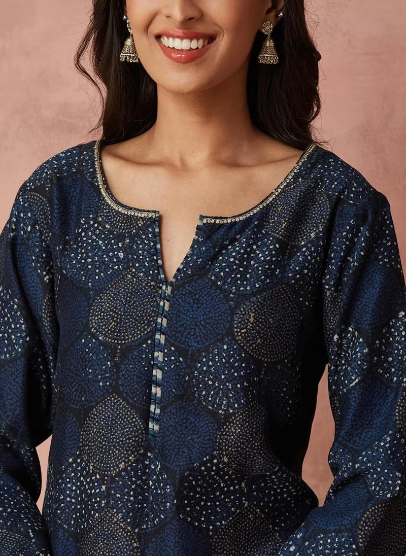 فاب انديا Indigo Cotton Silk  Printed Long Kurta