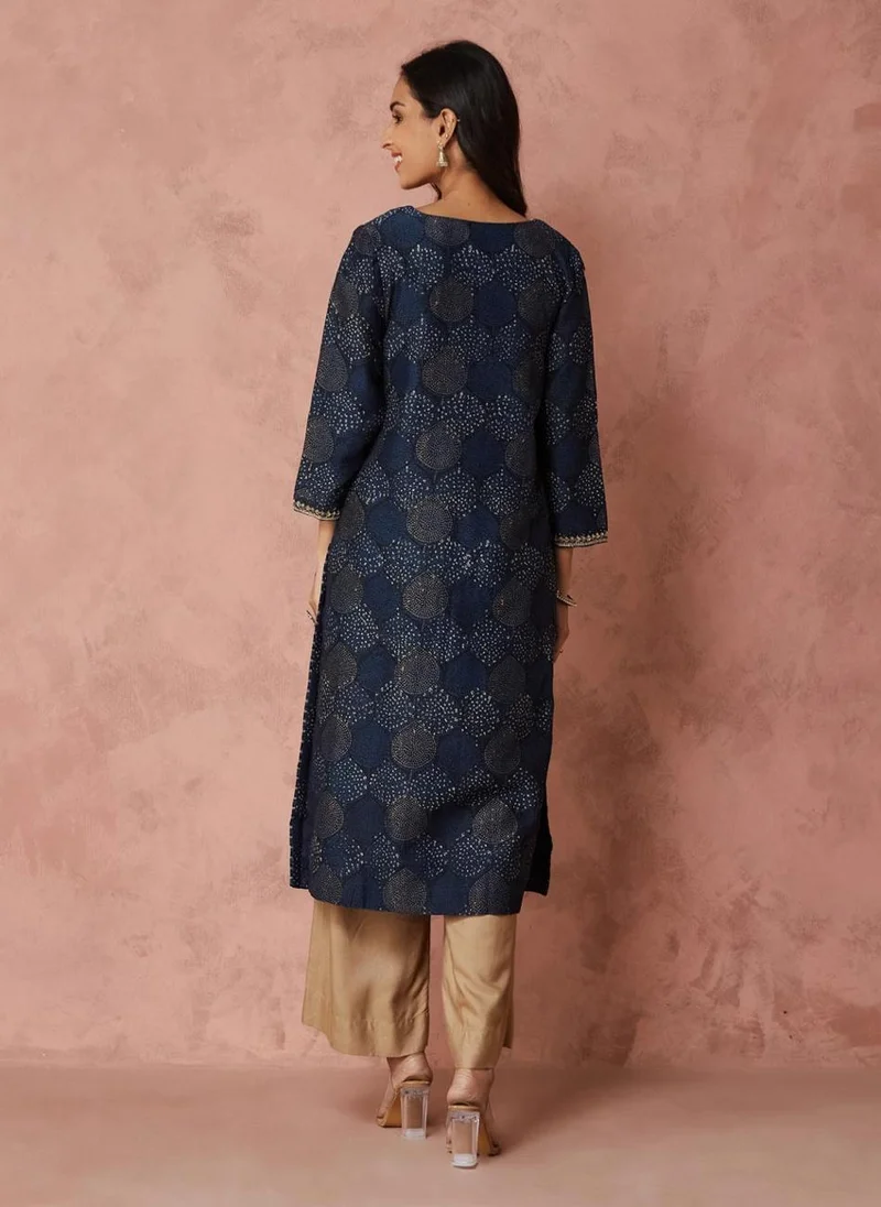 فاب انديا Indigo Cotton Silk  Printed Long Kurta