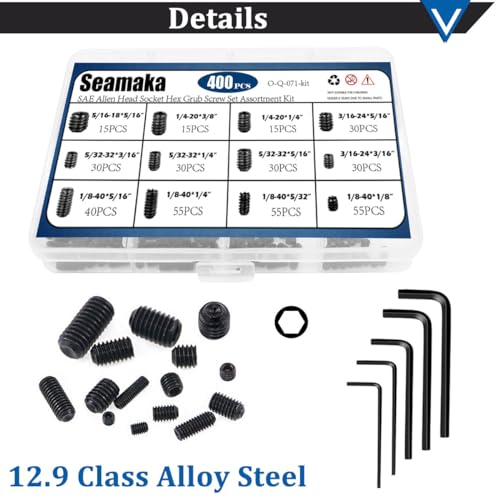 Seamaka 400Pcs SAE Set Screws Assortment Kit with Allen Keys,12 Size 12.9 Class Alloy Steel Set Screw Assortment Kit,1/8"-40 to 5/16"-18 Internal Set Screws for Bathroom Fixtures - Image 4