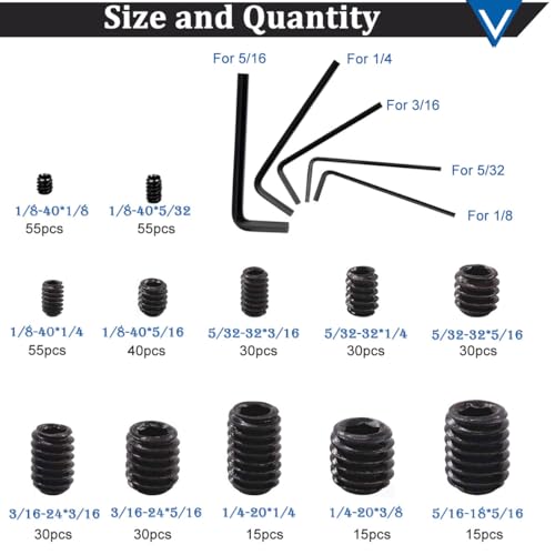 Seamaka 400Pcs SAE Set Screws Assortment Kit with Allen Keys,12 Size 12.9 Class Alloy Steel Set Screw Assortment Kit,1/8"-40 to 5/16"-18 Internal Set Screws for Bathroom Fixtures - Image 2
