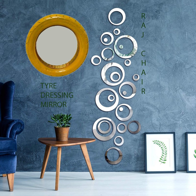 RAJ CHAIR RAJ CHAIR Dressing Mirror Tyre Mirror Round Mirror Wall Mirror 5mm Best Mirror Set of 1 Piece in Red and Yellow Yellow 17 inch 