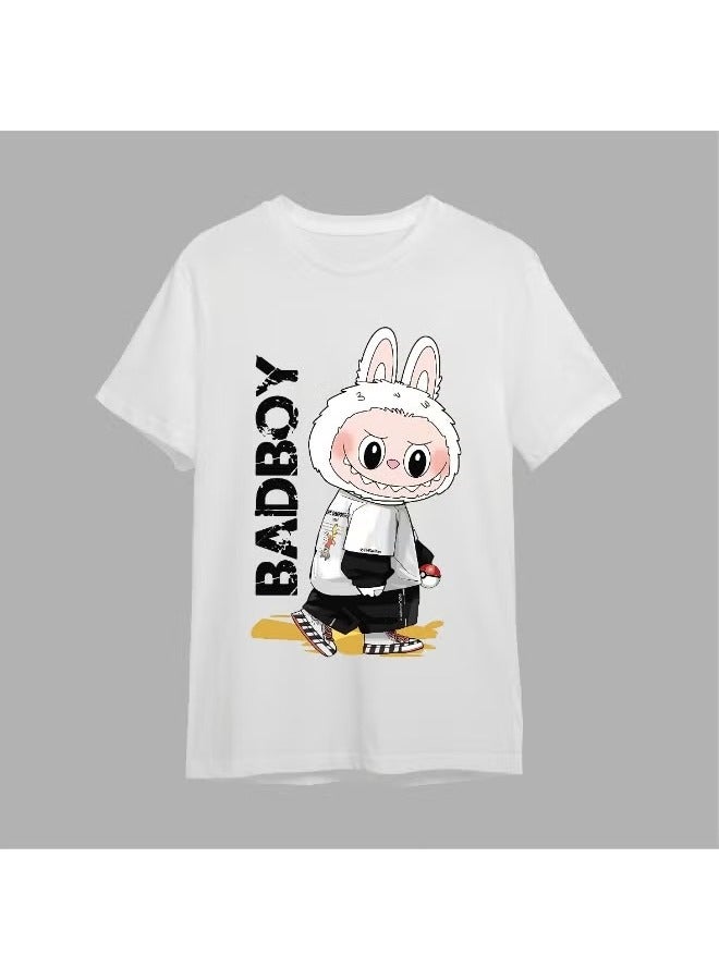 LABUBU Bad Boy Cartoon T-Shirt - Short Sleeve Unisex Couples Casual Wear, Cute and Trendy Pure Cotton Top White - Image 1