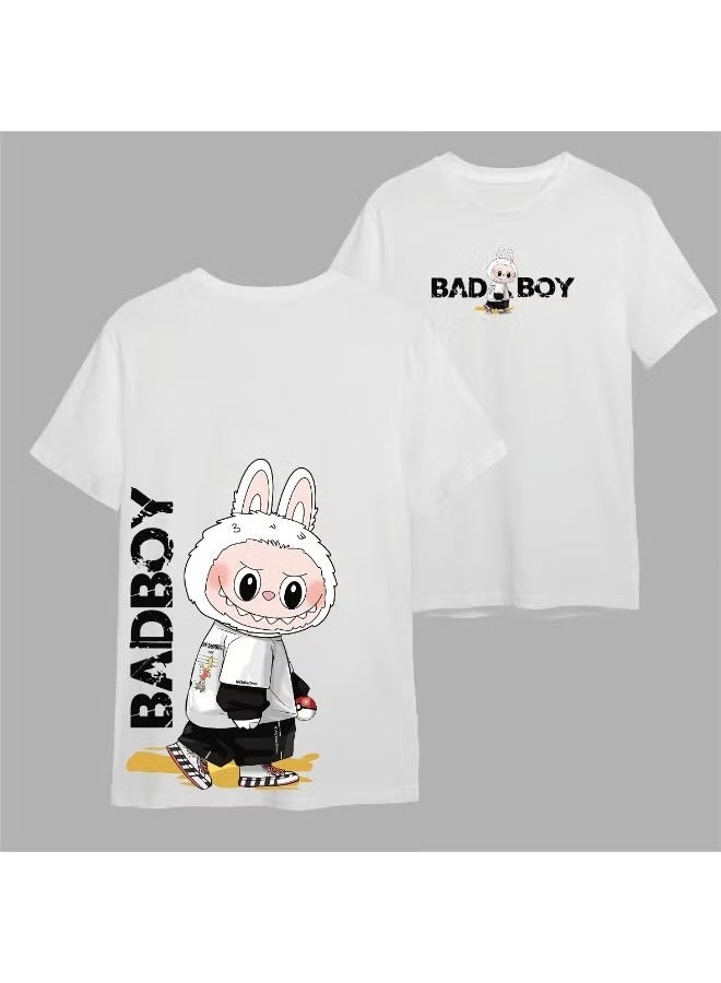 LABUBU Bad Boy Cartoon T-Shirt - Short Sleeve Unisex Couples Casual Wear, Cute and Trendy Pure Cotton Top White - Image 2