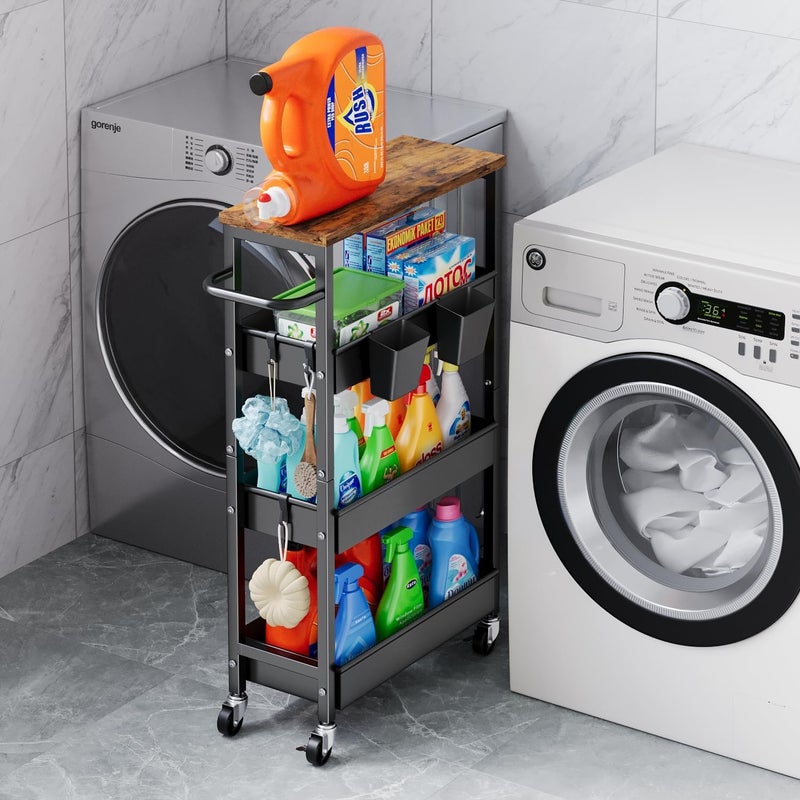 Aofure 4 Tier Slim Rolling Storage Cart, Metal Narrow Kitchen Cabinet with Wheels,Laundry Room Organization and Storage Shelves for Between Washer and Dryer,7.7 In Skinny Detergent Organizer for Small Spaces - Image 1