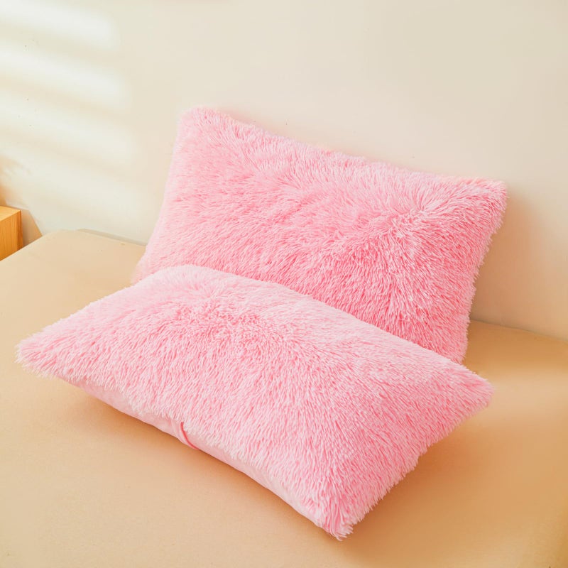 ERLOXO Fluffy Pink Pillow Cover Ultra Soft Fuzzy Plush Pink Pillow Cases with Furry Texture and Shaggy Touch Faux Fur Cushion Shams 20x26 Zippered Set of 2
