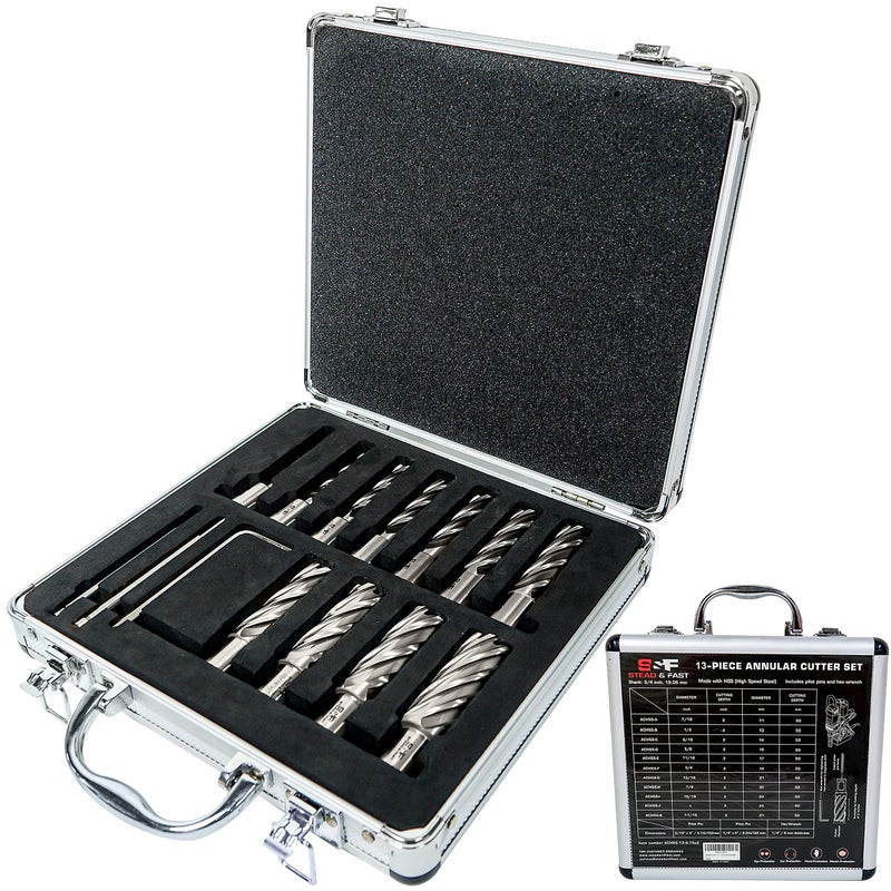 SF STEAD FAST Annular Cutter Set 13 Pcs Cutting Depth 2 Cutting Diameter 716 to 1116 Inch Mag Drill Bits Kit for Magnetic Drill Press with 2 Pilot Pins