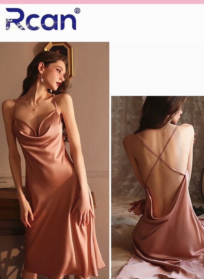 Rcan Fashion French Vintage Style Court Women's Home Lingerie Satin Backless Sling Ladies Boudoir Dress V-Neck Pajamas Nightdress Slit Long Skirt Sleepwear - Image 2