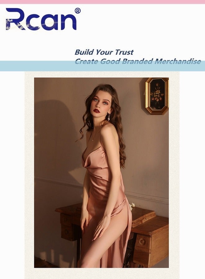 Rcan Fashion French Vintage Style Court Women's Home Lingerie Satin Backless Sling Ladies Boudoir Dress V-Neck Pajamas Nightdress Slit Long Skirt Sleepwear - Image 3