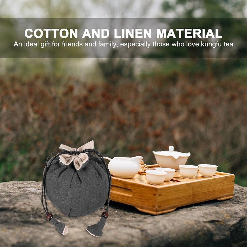 KICHOUSE Portable Teaware Travel Pouch Cotton Linen Tea Set Bag with Drawstring Closure Gray for Kung Fu Tea Storage - Image 4