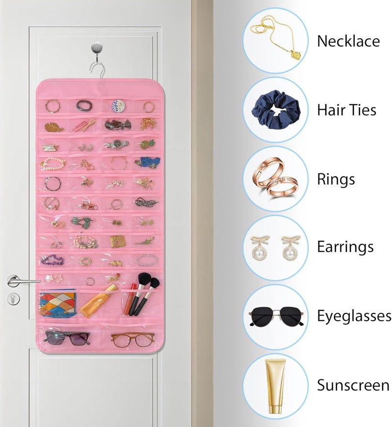 Bloss Hanging Jewelry Organizer With 90 Pockets,Earring Holder Organizer Storage For Valentine's Day Gift,Double-Sided Jewelry Holder for Earrings, Necklaces, Rings on Closet,Wall,Door(Pinck) - Image 3