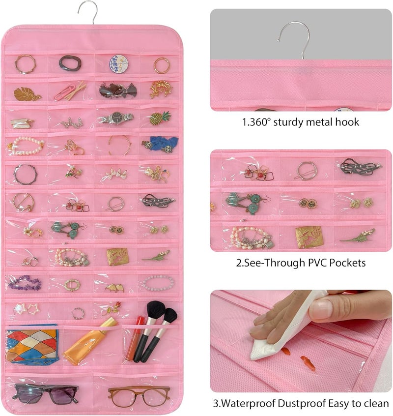 Bloss Hanging Jewelry Organizer With 90 Pockets,Earring Holder Organizer Storage For Valentine's Day Gift,Double-Sided Jewelry Holder for Earrings, Necklaces, Rings on Closet,Wall,Door(Pinck) - Image 4