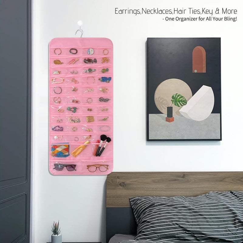 Bloss Hanging Jewelry Organizer With 90 Pockets,Earring Holder Organizer Storage For Valentine's Day Gift,Double-Sided Jewelry Holder for Earrings, Necklaces, Rings on Closet,Wall,Door(Pinck) - Image 5