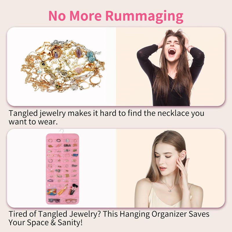 Bloss Hanging Jewelry Organizer With 90 Pockets,Earring Holder Organizer Storage For Valentine's Day Gift,Double-Sided Jewelry Holder for Earrings, Necklaces, Rings on Closet,Wall,Door(Pinck) - Image 2