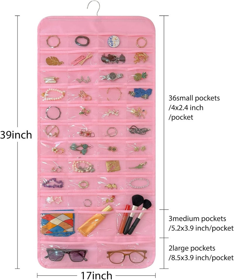 Bloss Hanging Jewelry Organizer With 90 Pockets,Earring Holder Organizer Storage For Valentine's Day Gift,Double-Sided Jewelry Holder for Earrings, Necklaces, Rings on Closet,Wall,Door(Pinck) - Image 1