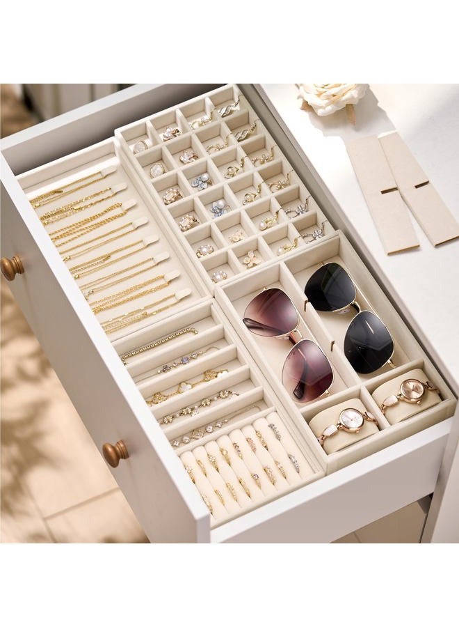 pickpiff Velvet Jewelry Drawer Organizer Trays – Stackable Jewelry Organizer Storage Inserts Set, 4-Layer Jewelry Tray Set for Earrings, Rings, Necklaces, Bracelets with Removable Dividers for Dresser & Vanity - Image 5