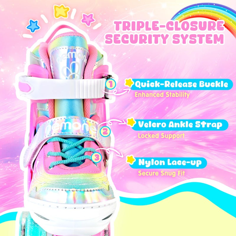 NEMONE Unicorn 4 Size Adjustable Light up Roller Skates for Girls, Pink Skates for Toddlers, Beginner Kids Roller Skates Indoor Outdoor (Unicorn S NEW) - Image 4