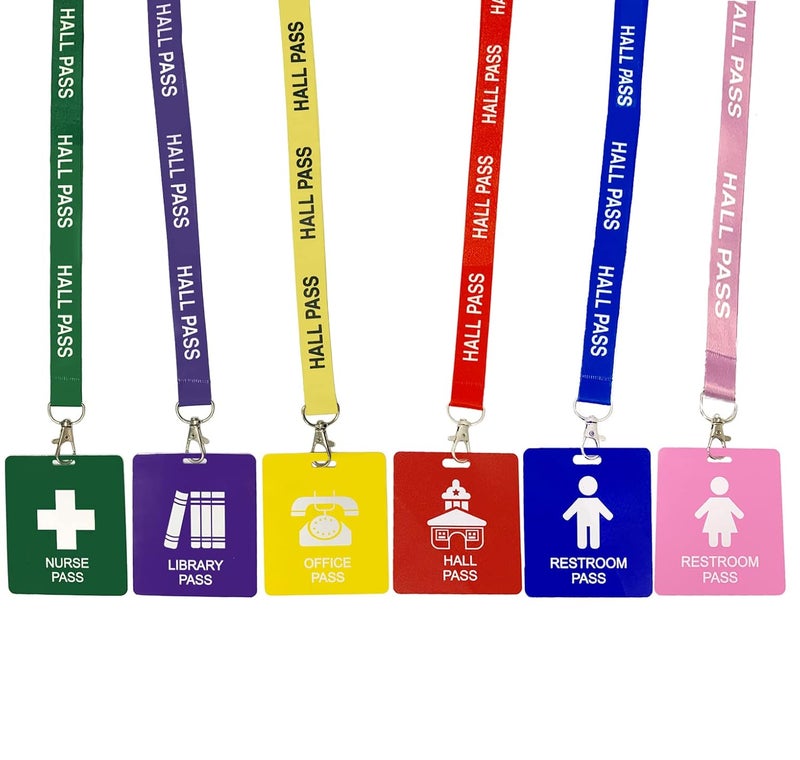 Bemaxy Hall Pass Lanyards with Card Passes,Unbreakable School Classroom Passes Set for Teacher Parents (Hall Bathroom Library Office & Nurse), 6 Pcs - Image 1
