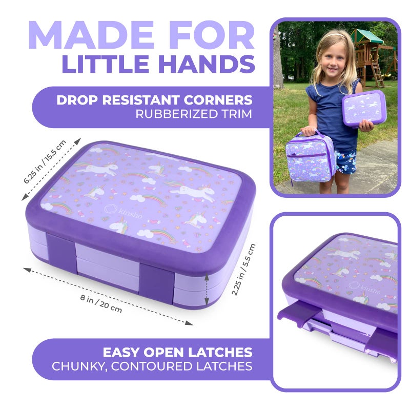 Kinsho Bento Box with Insulated Lunch Bag, Ice Pack & Water Bottle Set for Kids - 5 Compartments, Lunches or Snack Container Girls, Toddlers Daycare Pre-School, Kindergarten Purple Unicorn - Image 3