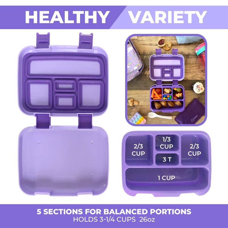Kinsho Bento Box with Insulated Lunch Bag, Ice Pack & Water Bottle Set for Kids - 5 Compartments, Lunches or Snack Container Girls, Toddlers Daycare Pre-School, Kindergarten Purple Unicorn - Image 4