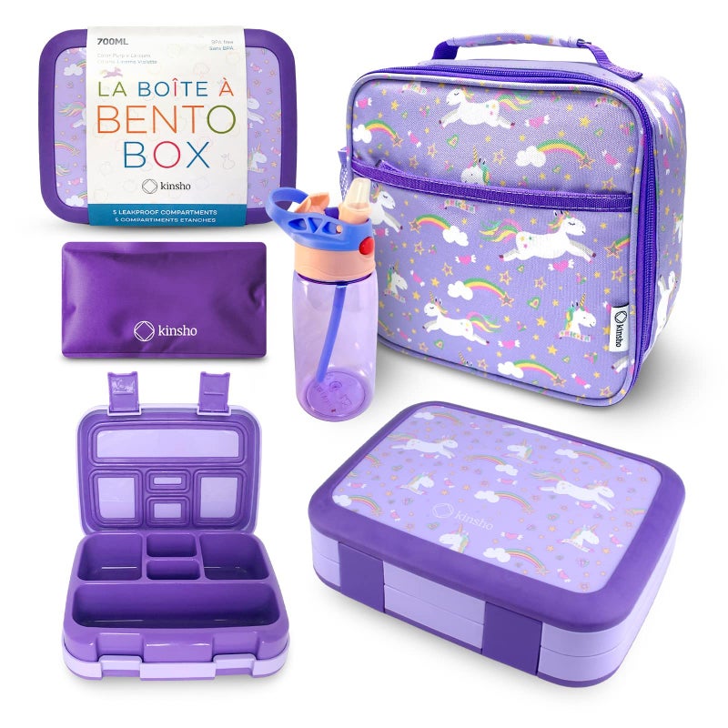 Kinsho Bento Box with Insulated Lunch Bag, Ice Pack & Water Bottle Set for Kids - 5 Compartments, Lunches or Snack Container Girls, Toddlers Daycare Pre-School, Kindergarten Purple Unicorn - Image 1