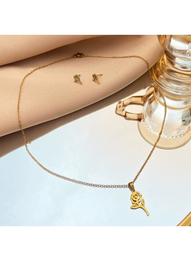 Goolsky Stainless Steel Rose Jewelry Set – 3PCS Geometric Stud Earrings & Pendant Necklace, Minimalist Daily Wear for Women - Image 4