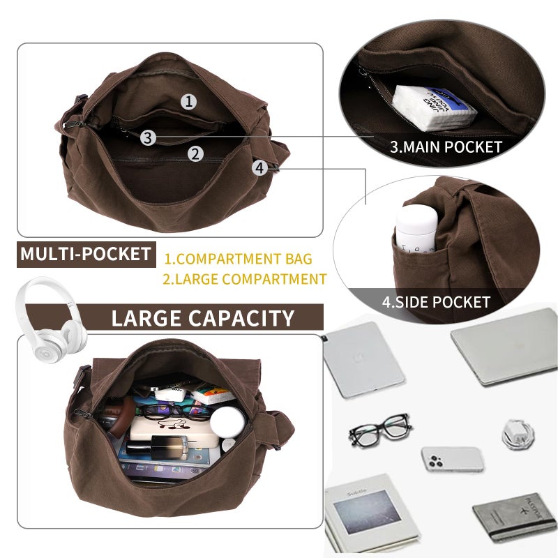 BEFUNIRISE Canvas Messenger Bag for Women Men Vintage Satchel Bag Aesthetic Crossbody Shoulder Bag Casual Sling Bag (A-Coffee) - Image 5