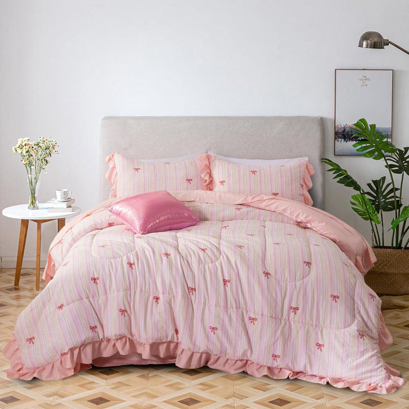 A Nice Night Rainbow Stripes & Bows Bedding Set,Ruffle 6 Piece Bed in a Bag Matching Sheet Set,Princess Style Chic Bow Printed,Light Pink Room Decor for Girls,Twin - Image 2