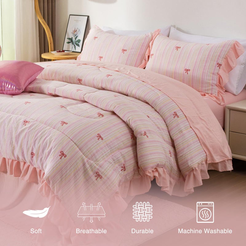 A Nice Night Rainbow Stripes & Bows Bedding Set,Ruffle 6 Piece Bed in a Bag Matching Sheet Set,Princess Style Chic Bow Printed,Light Pink Room Decor for Girls,Twin - Image 4