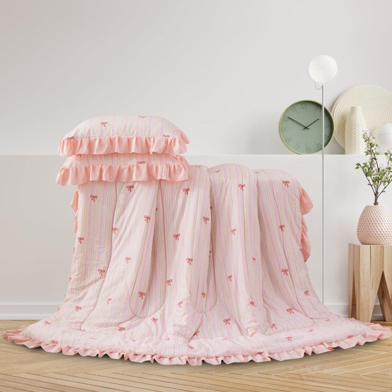 A Nice Night Rainbow Stripes & Bows Bedding Set,Ruffle 6 Piece Bed in a Bag Matching Sheet Set,Princess Style Chic Bow Printed,Light Pink Room Decor for Girls,Twin - Image 5