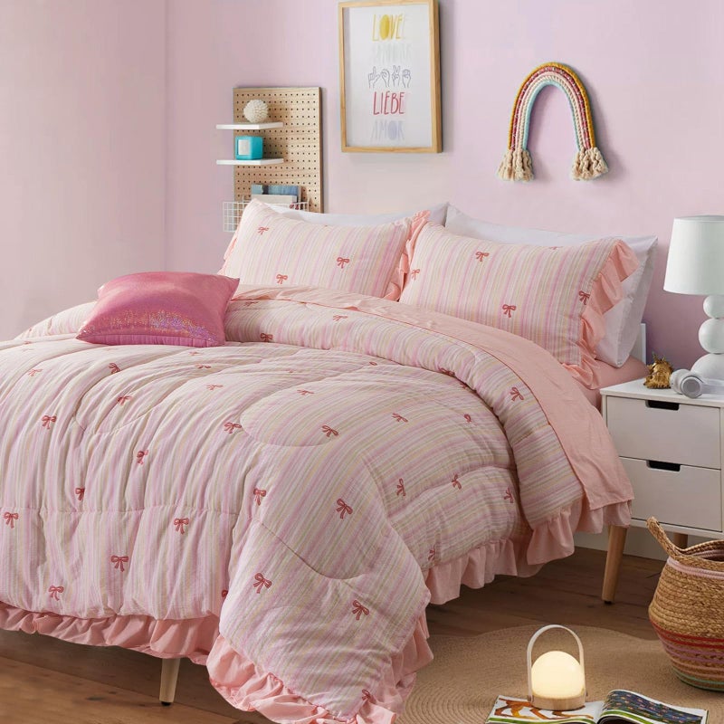 A Nice Night Rainbow Stripes & Bows Bedding Set,Ruffle 6 Piece Bed in a Bag Matching Sheet Set,Princess Style Chic Bow Printed,Light Pink Room Decor for Girls,Twin - Image 1